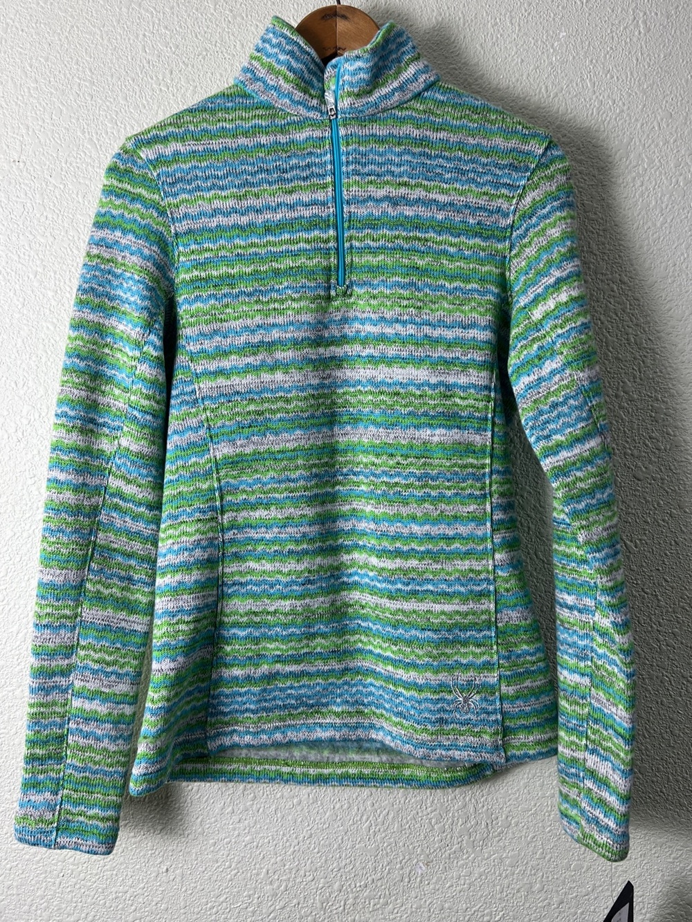 Spyder women's blue and green quarter-zip knit fleece pullover sweater size 8